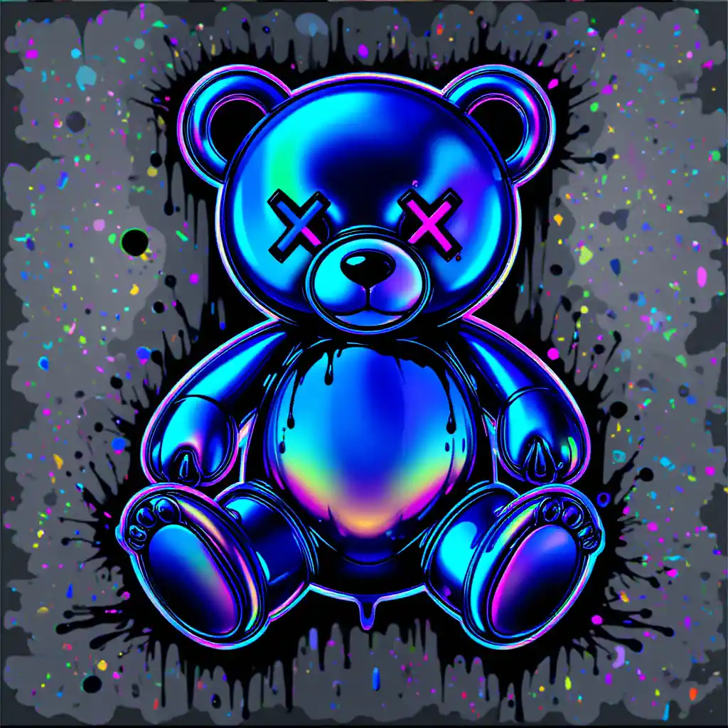 Neon-konturierter Teddybär mit tropfenden irisierenden Farben