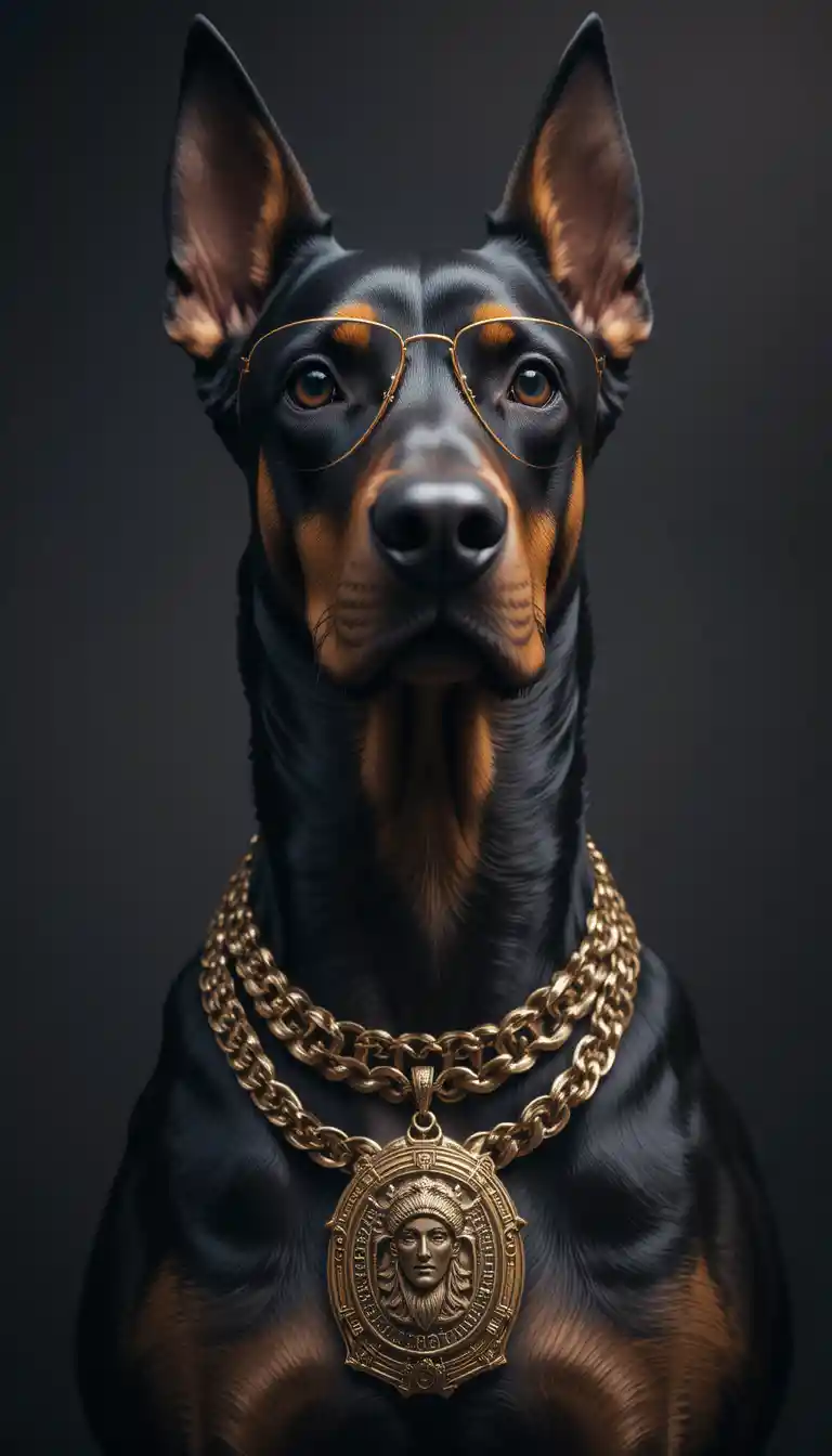 Majestic doberman in gold chains and aviator glasses