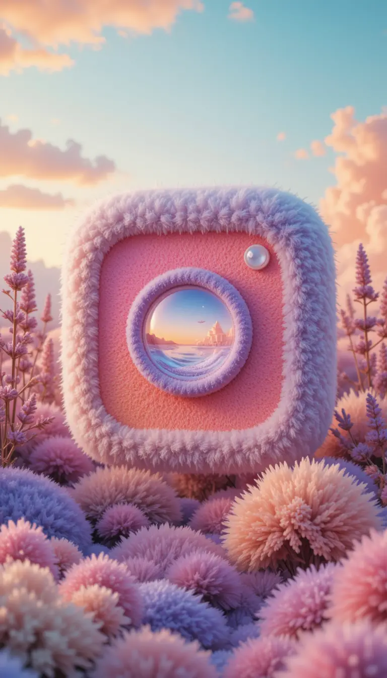 Träumerisches Plüsch‑Instagram‑Logo in pastellfarbener Fantasielandschaft