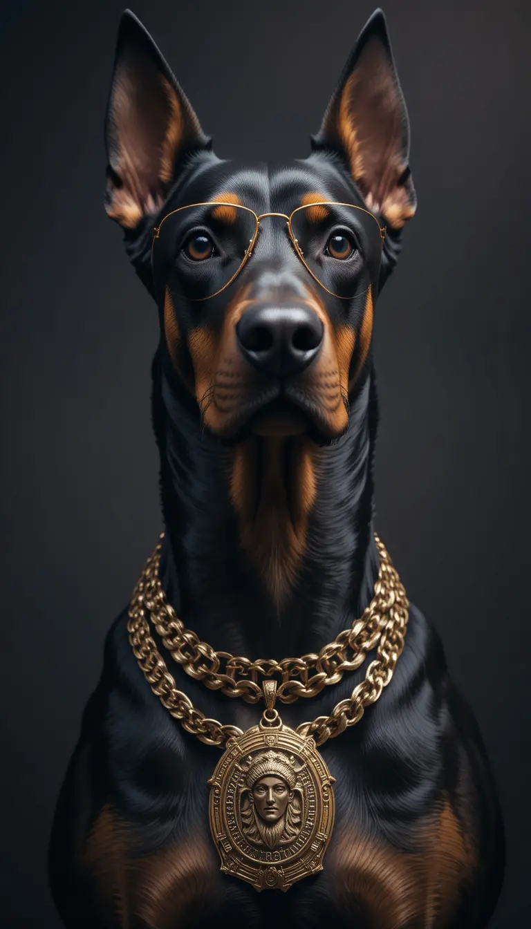 Majestätischer Dobermann mit Goldketten und Pilotenbrille