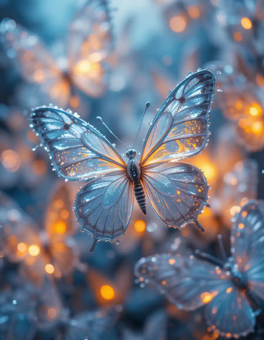 Gros plan de papillons glacés et de feu dans une lumière scintillante