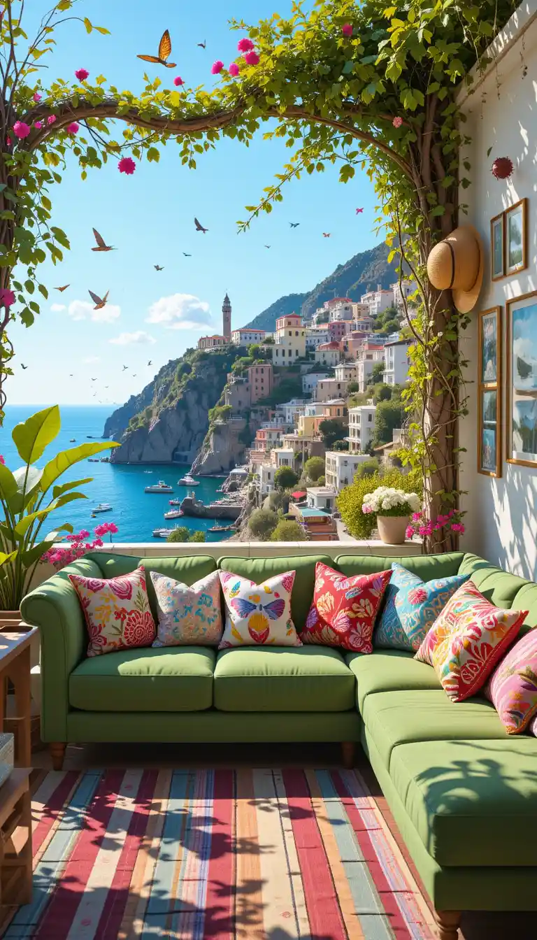 Canapé de terrasse extérieur confortable surplombant une ville côtière méditerranéenne