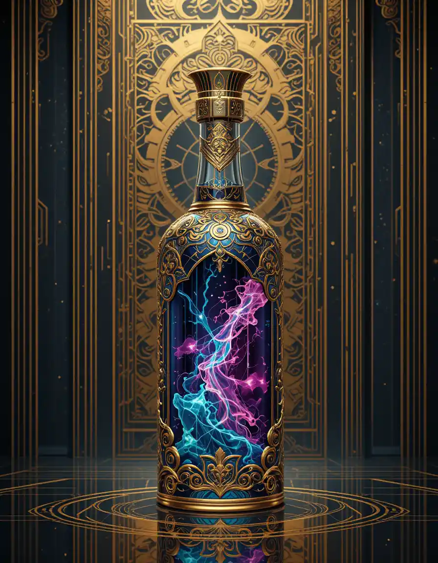 Golden bottle with mythical colorful liquid on obsidian background