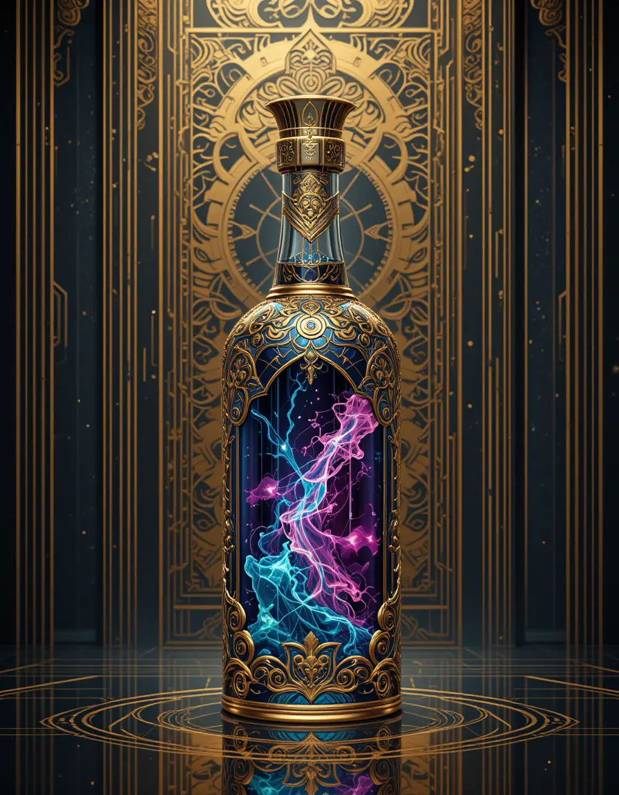 Goldene Flasche mit mythischer, bunter Flüssigkeit vor obsidianfarbenem Hintergrund