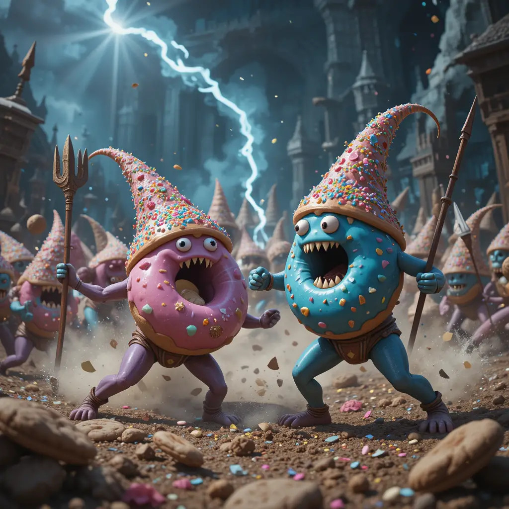 Créatures donuts fantaisistes défendant un royaume de fantaisie sucré