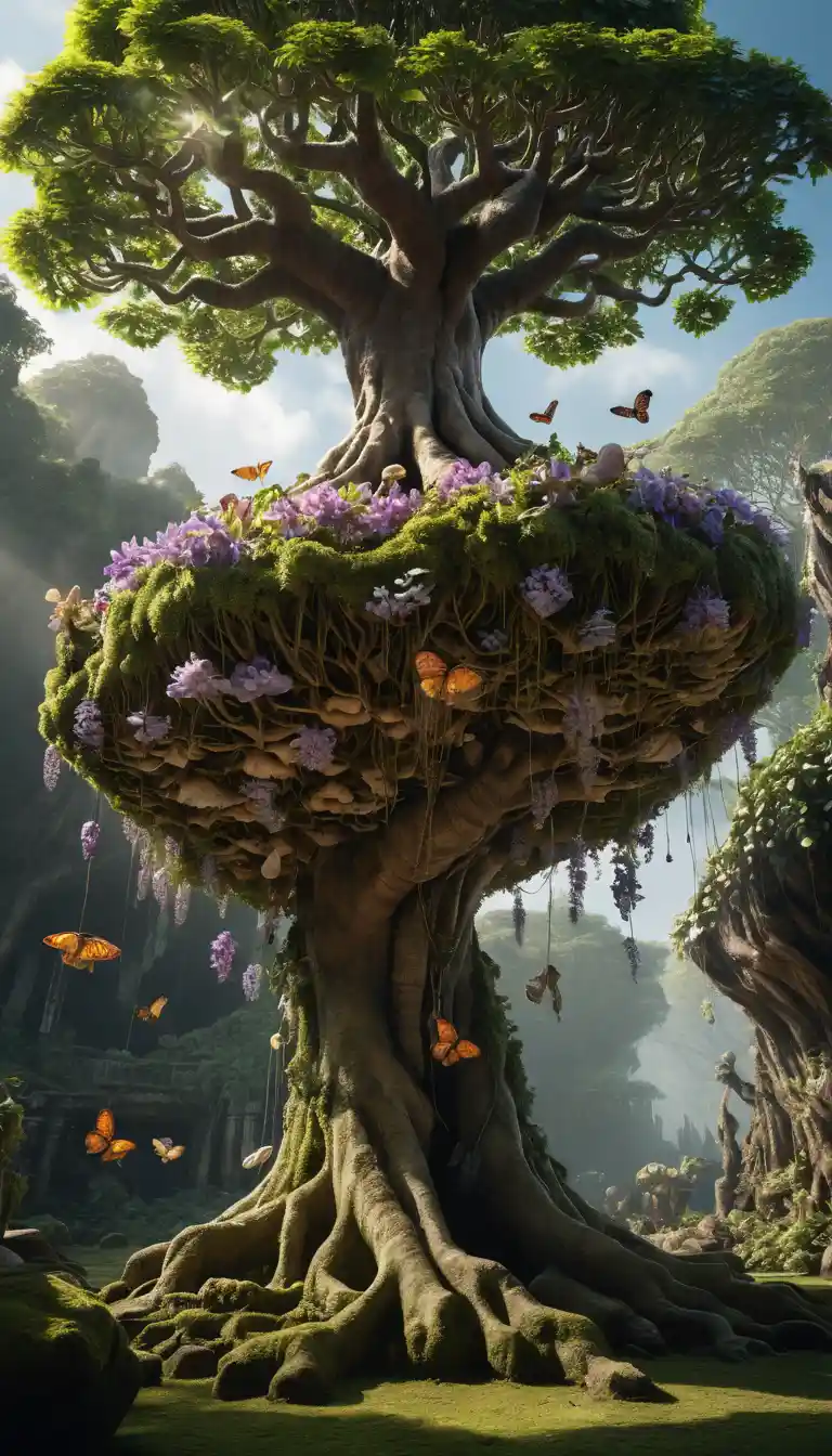 Schwebender fantasievoller Felsengarten mit Baumwurzeln und Blumen