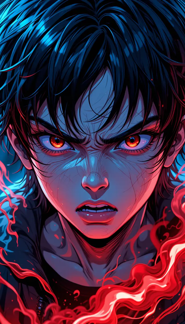 憤怒的動漫男孩特寫搭配戲劇性霓虹燈光