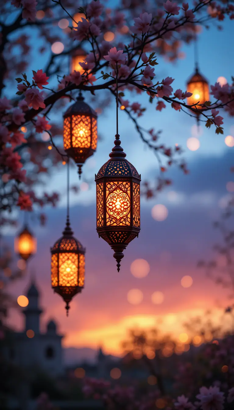 Lanternes de Ramadan lumineuses suspendues aux branches au coucher du soleil