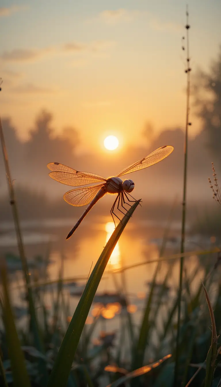 Libelle in Nahaufnahme auf Gras bei Sonnenuntergang an einem Teich