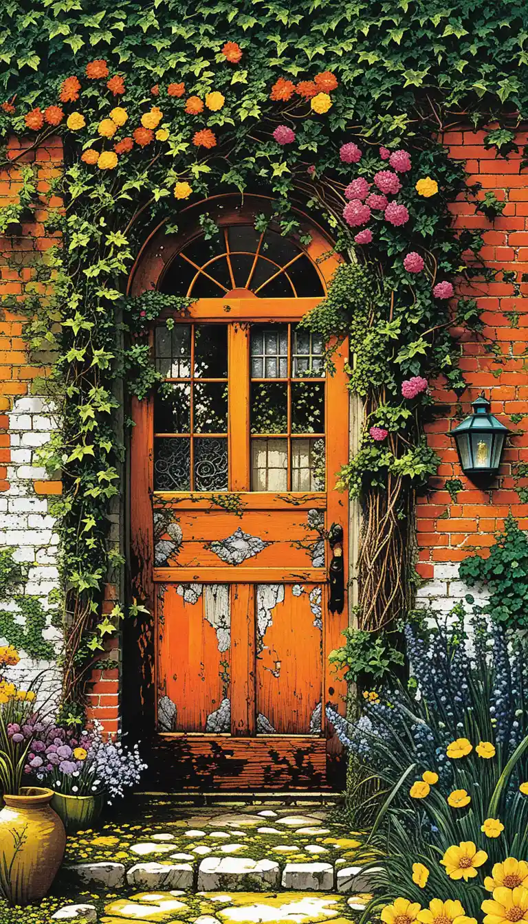Porta rustica da giardino ricamata in un cortile magico