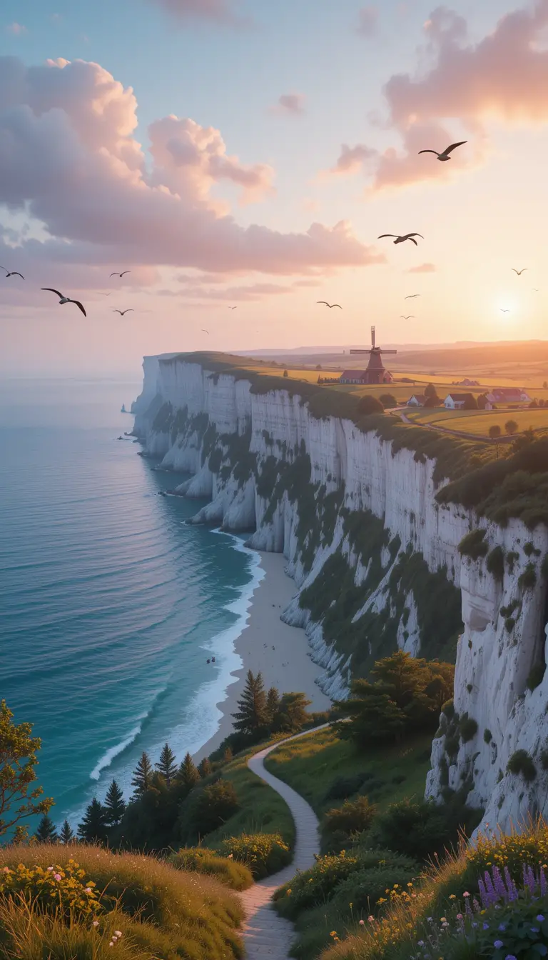 Falaises de craie danoises au-dessus d’une mer turquoise au coucher du soleil