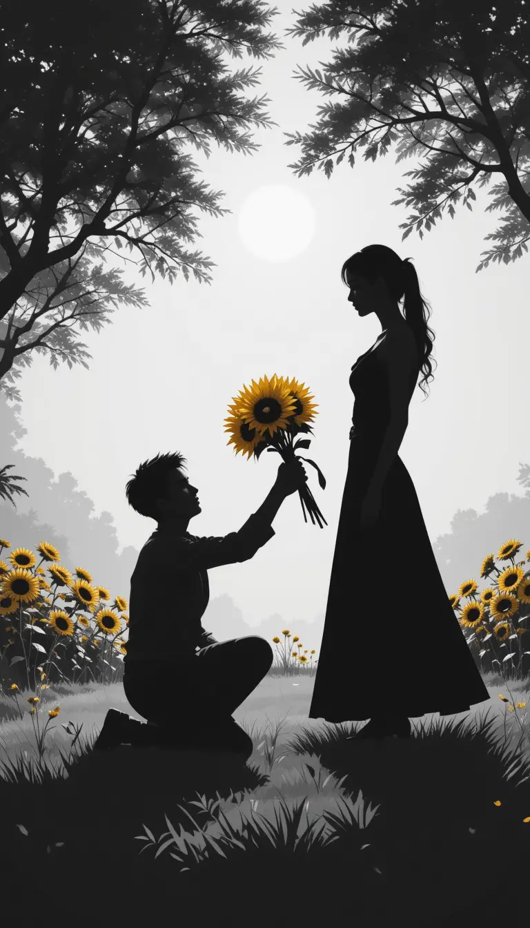 Junger Mann, der einer geheimnisvollen Frau Sonnenblumen anbietet