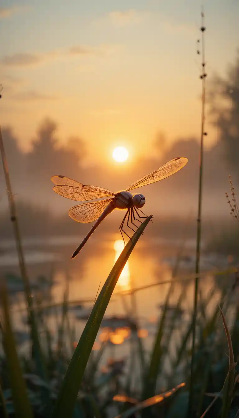 Dragonfly close up on grass at sunset by a pond