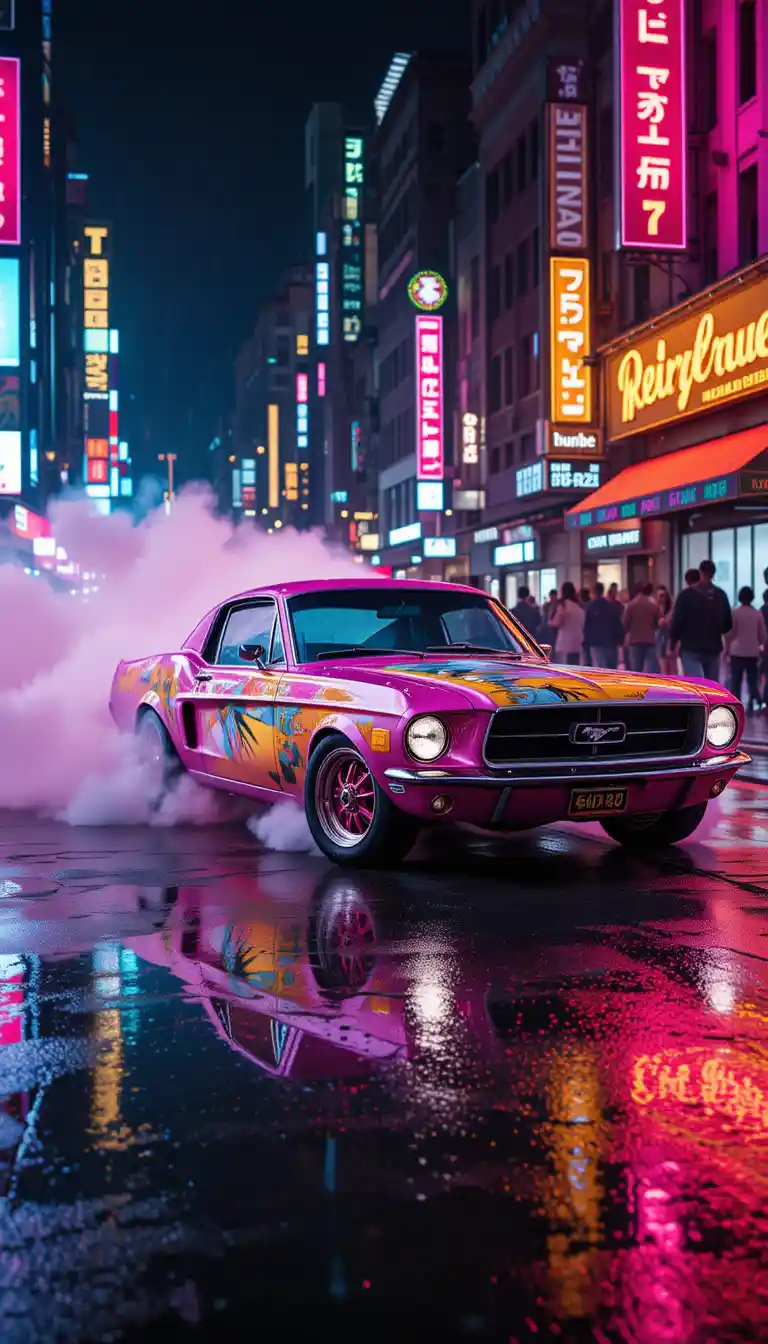 亮粉紅 1968 肌肉車在霓虹城市街道上燒胎