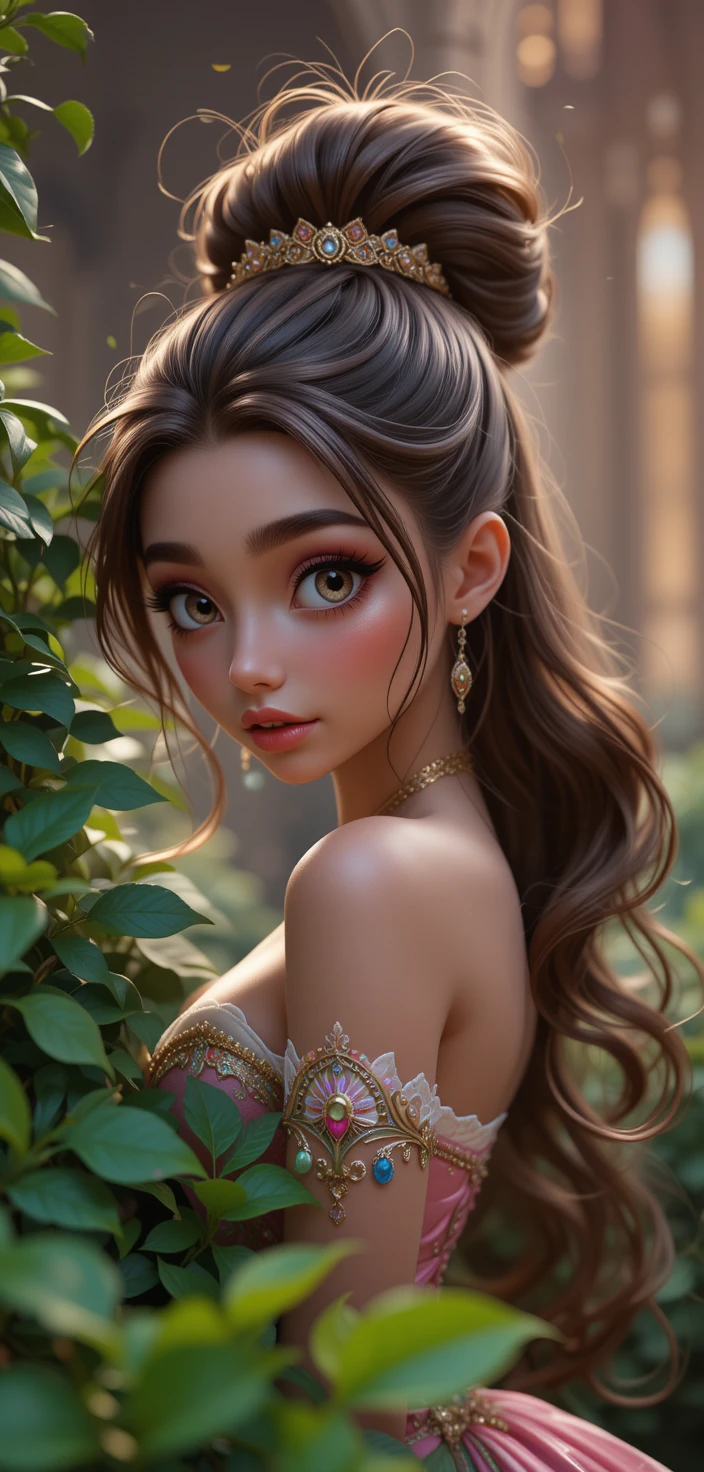 Princesa em desenho 3D escondida no jardim do palácio – close