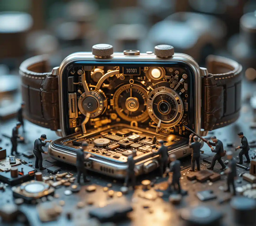Artigiani in miniatura che riparano nei dettagli un enorme smartwatch
