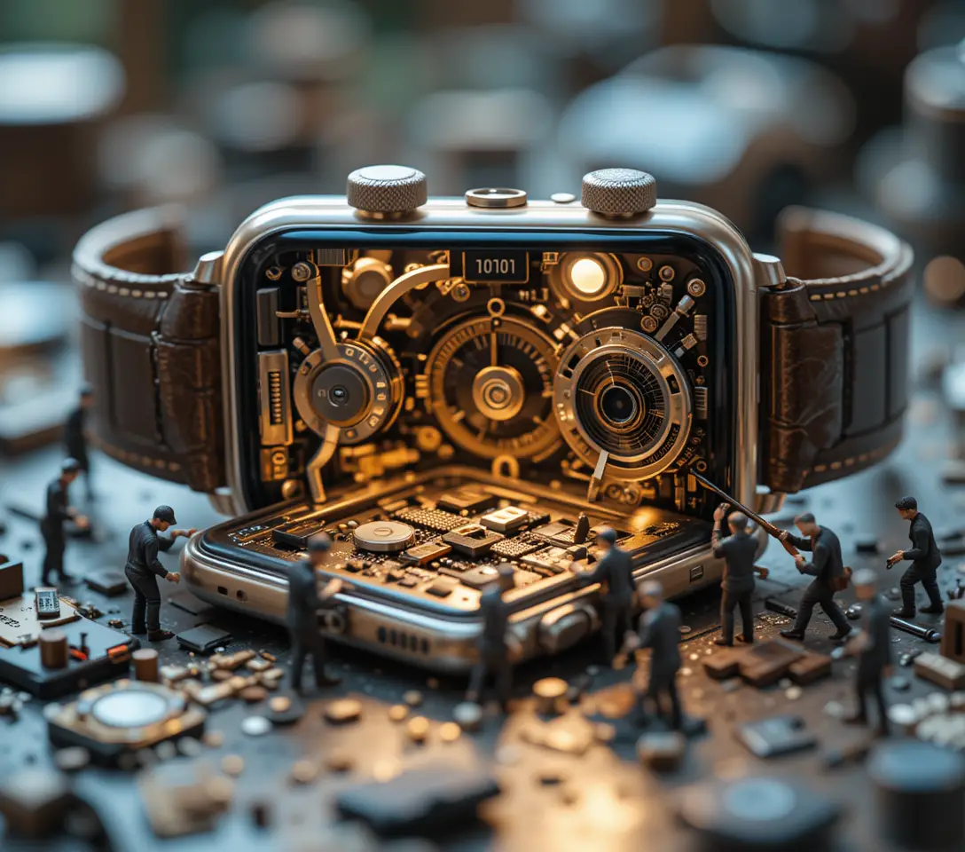 Miniaturhandwerker, die eine riesige Smartwatch bis ins Detail reparieren