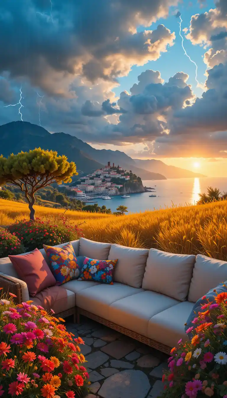 Divano da patio mediterraneo con vista su una colorata cittadina sul mare
