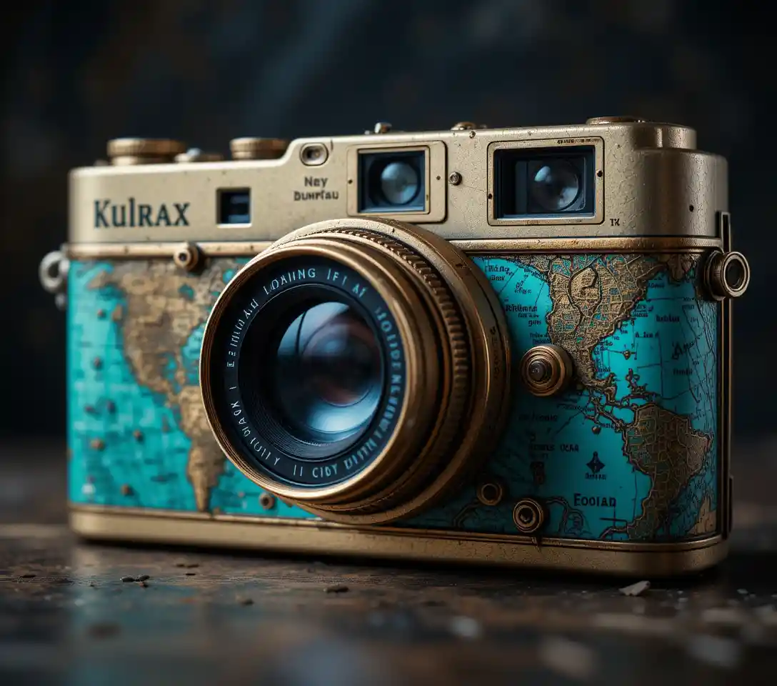 Vintage turquoise camera with map design on dark background
