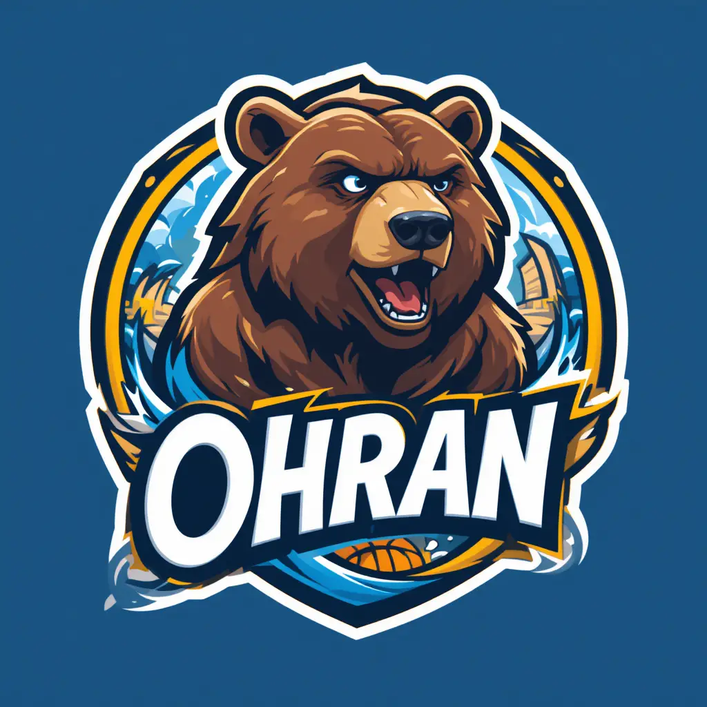 Logo di basket con orso bruno cartoon, acqua e mulino