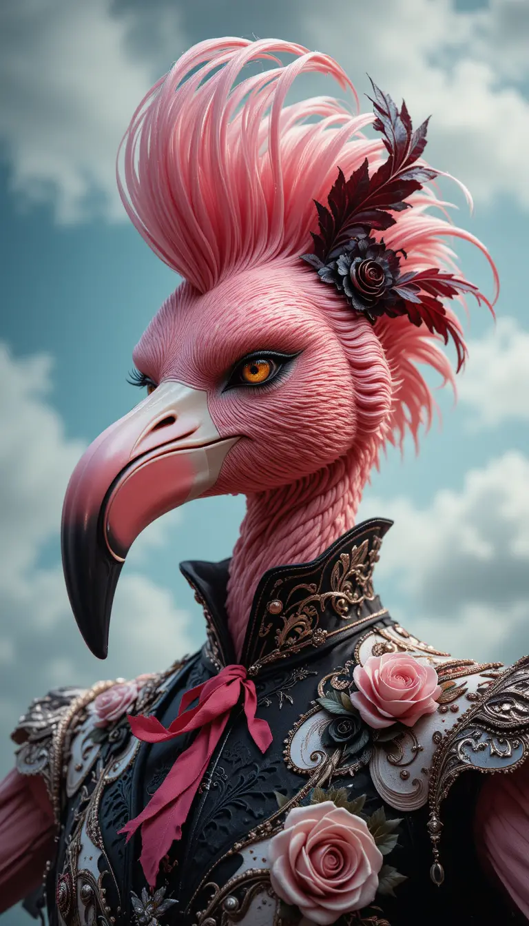Homme au visage de flamant rose en tenue de flamenco en cuir fantastique