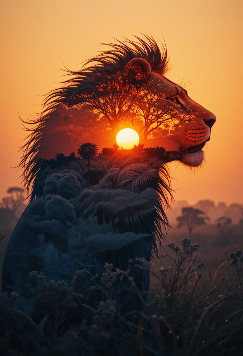 Löwensilhouette vor einem farbenfrohen Savannen-Sonnenaufgang