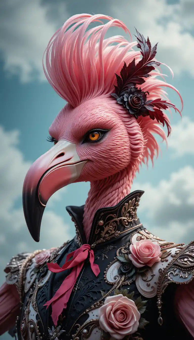 Homme au visage de flamant rose en tenue de flamenco en cuir fantastique