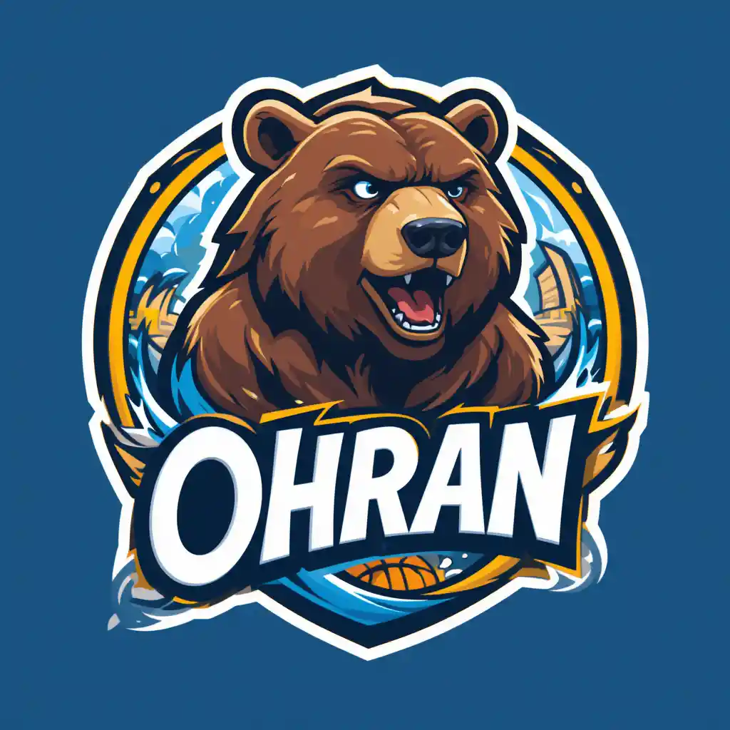 Cartoon brown bear basketball logo with water and mill