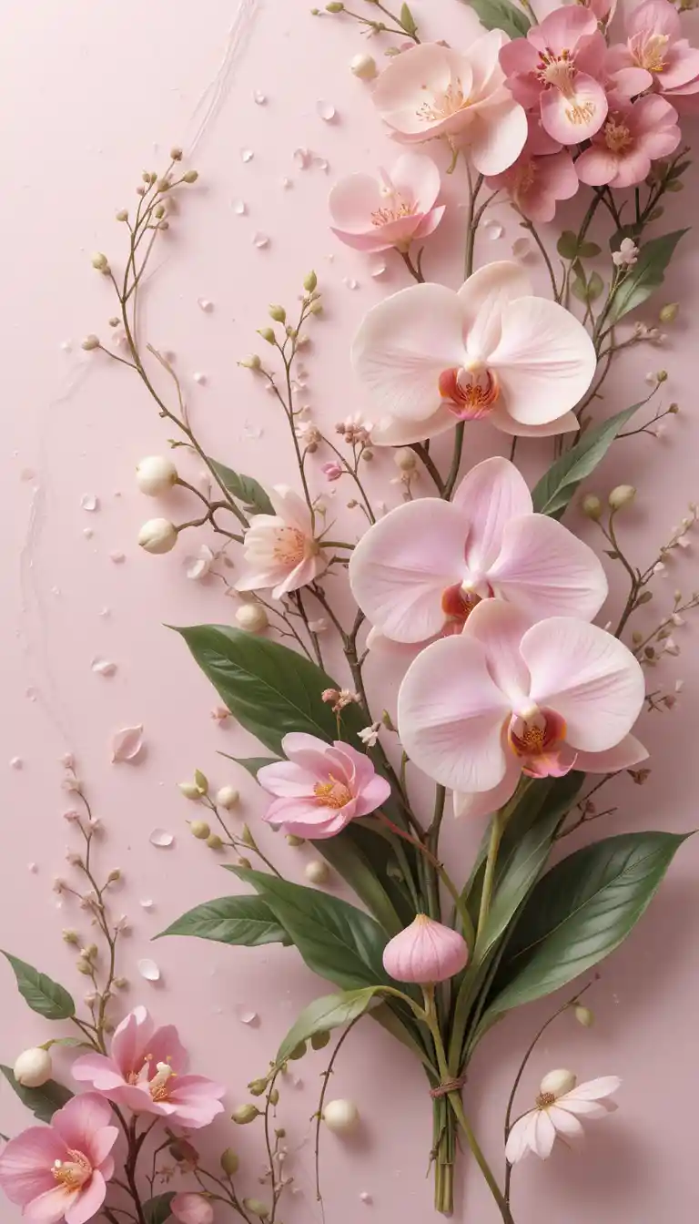 Fondo floral delicado de orquídeas rosas con suaves detalles en verde