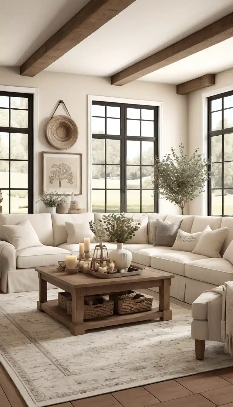 Soggiorno farmhouse vintage neutro con accogliente decorazione beige