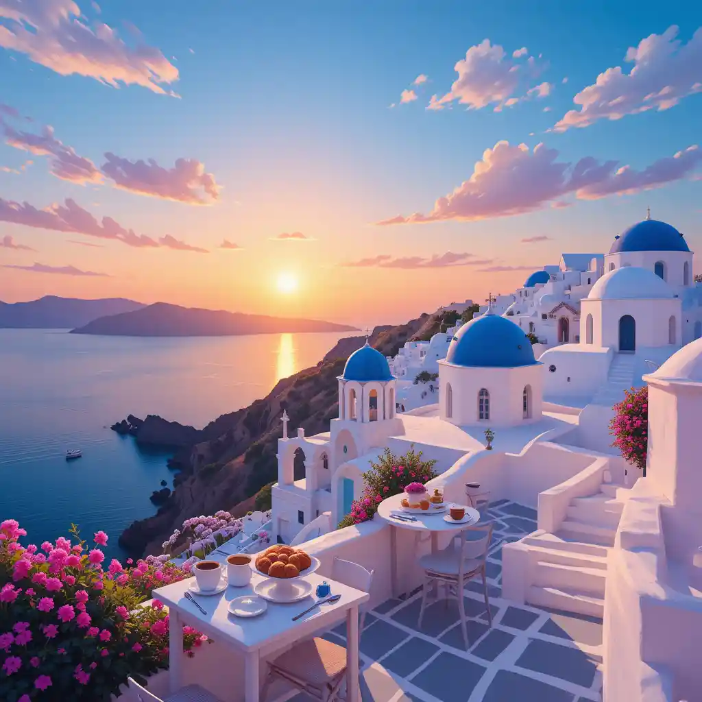 Friedlicher Sonnenaufgang über Santorin mit leuchtenden Klippenhäusern