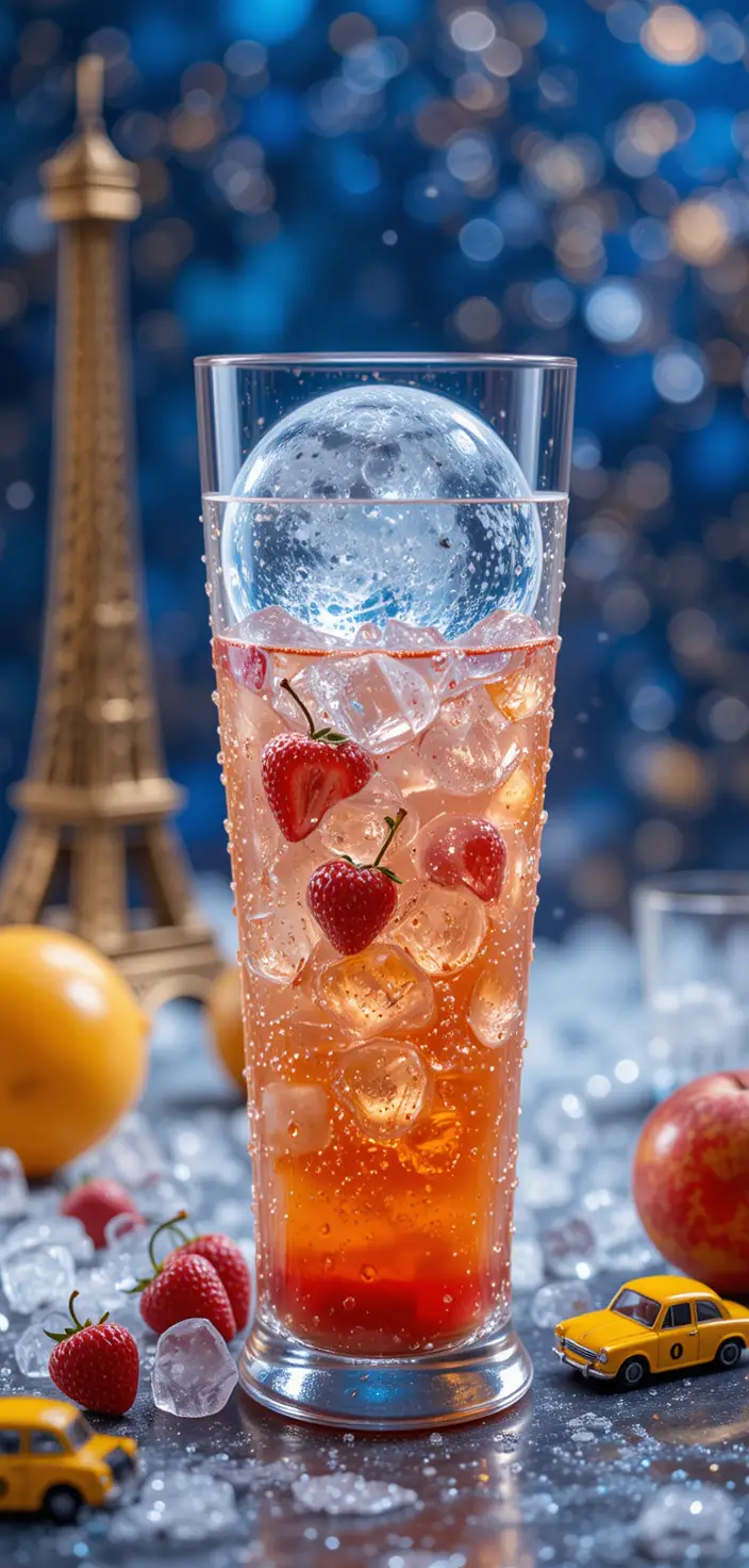 Surreal beverage glass with moon ice cube on table