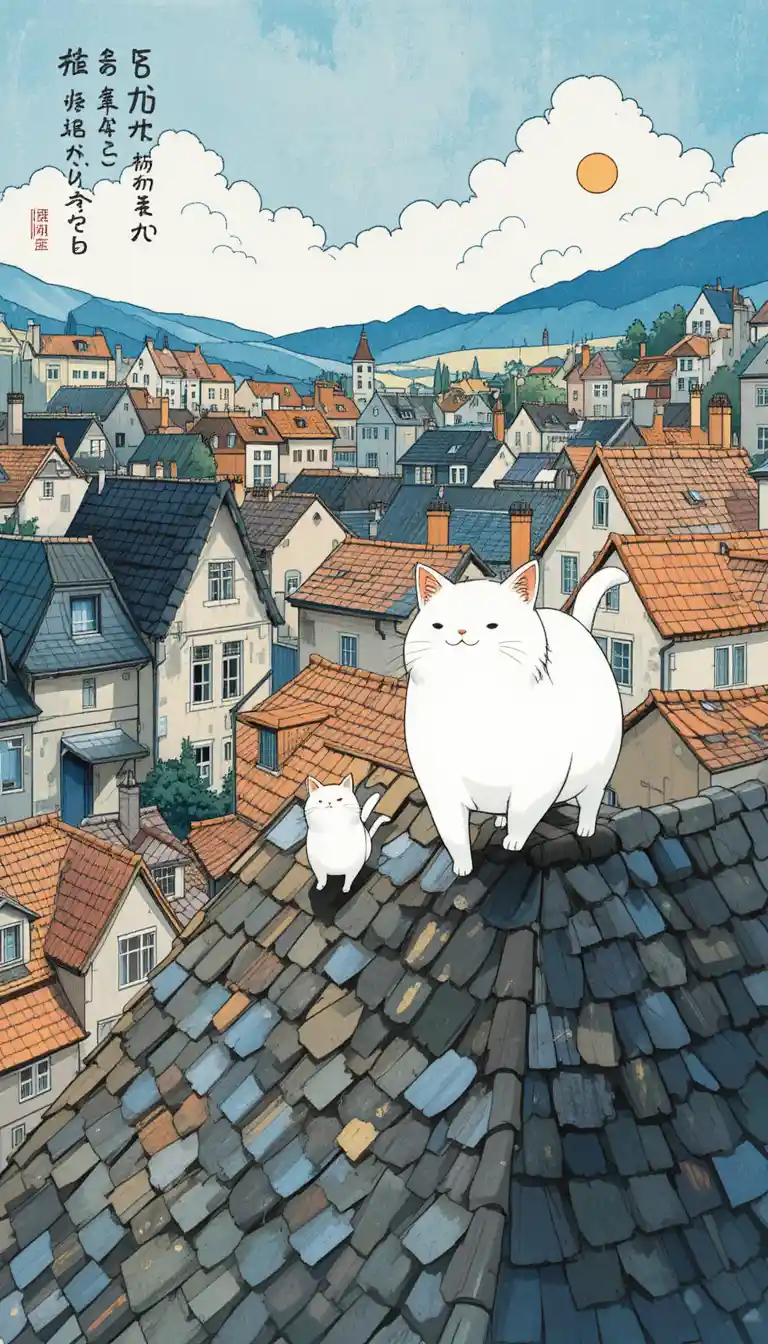 Two fat cats walking together across town rooftops