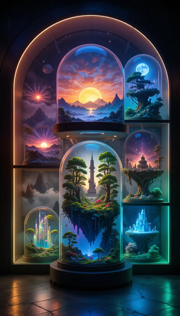 Cupole di vetro surreali con paesaggi fantasy luminosi