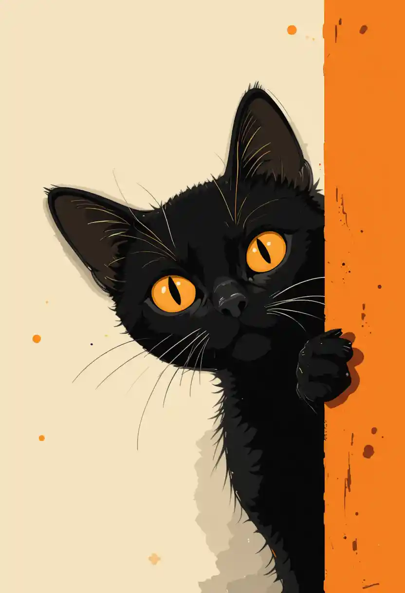 Illustrazione minimalista di gatto nero che sbircia dietro un muro arancione