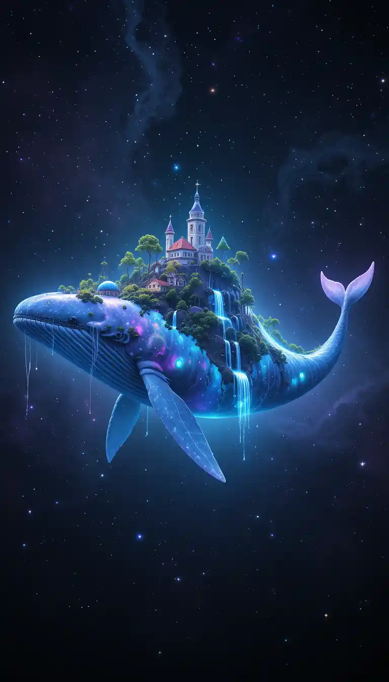 Ethereal cosmic whale carrying a luminous floating world
