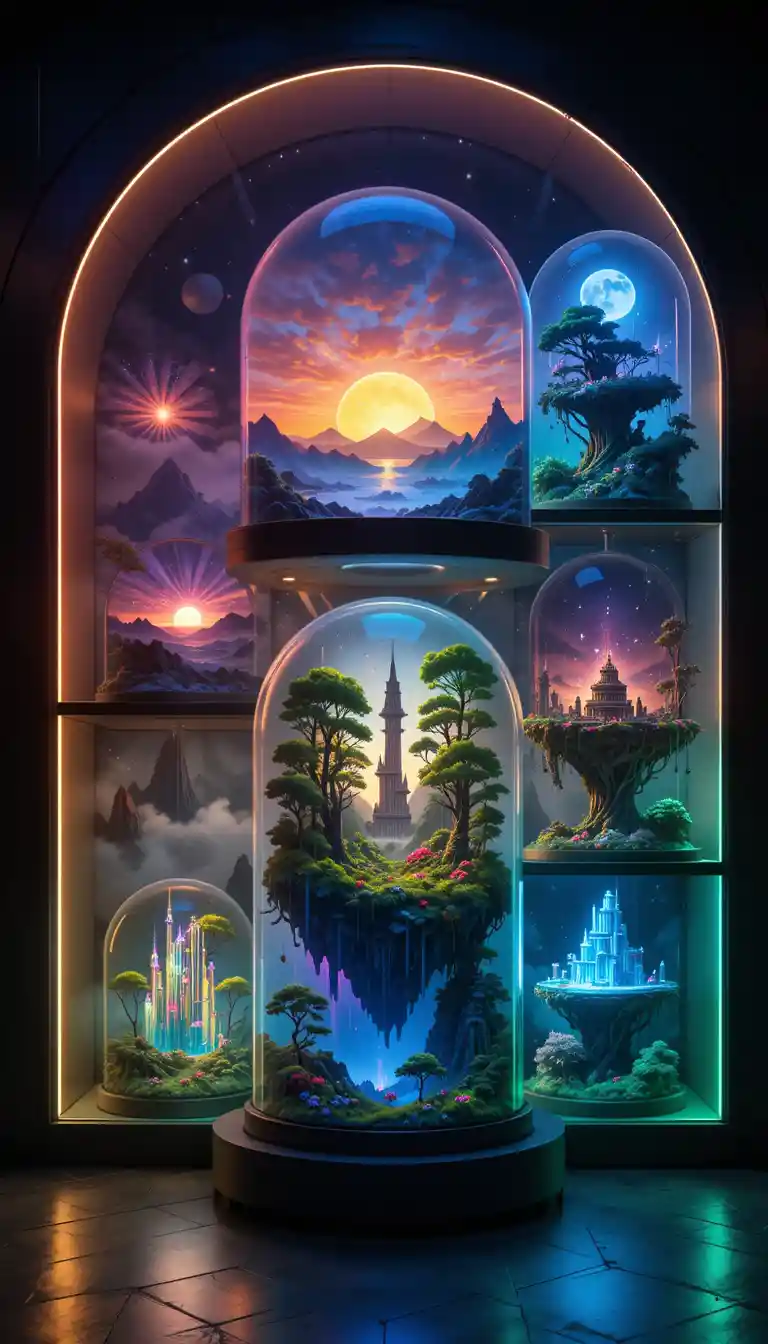 Surreal glass domes displaying glowing fantasy landscapes