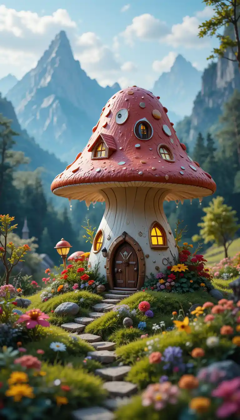 Fiabesca Casa Fungo in un Lussureggiante Paesaggio in Miniatura
