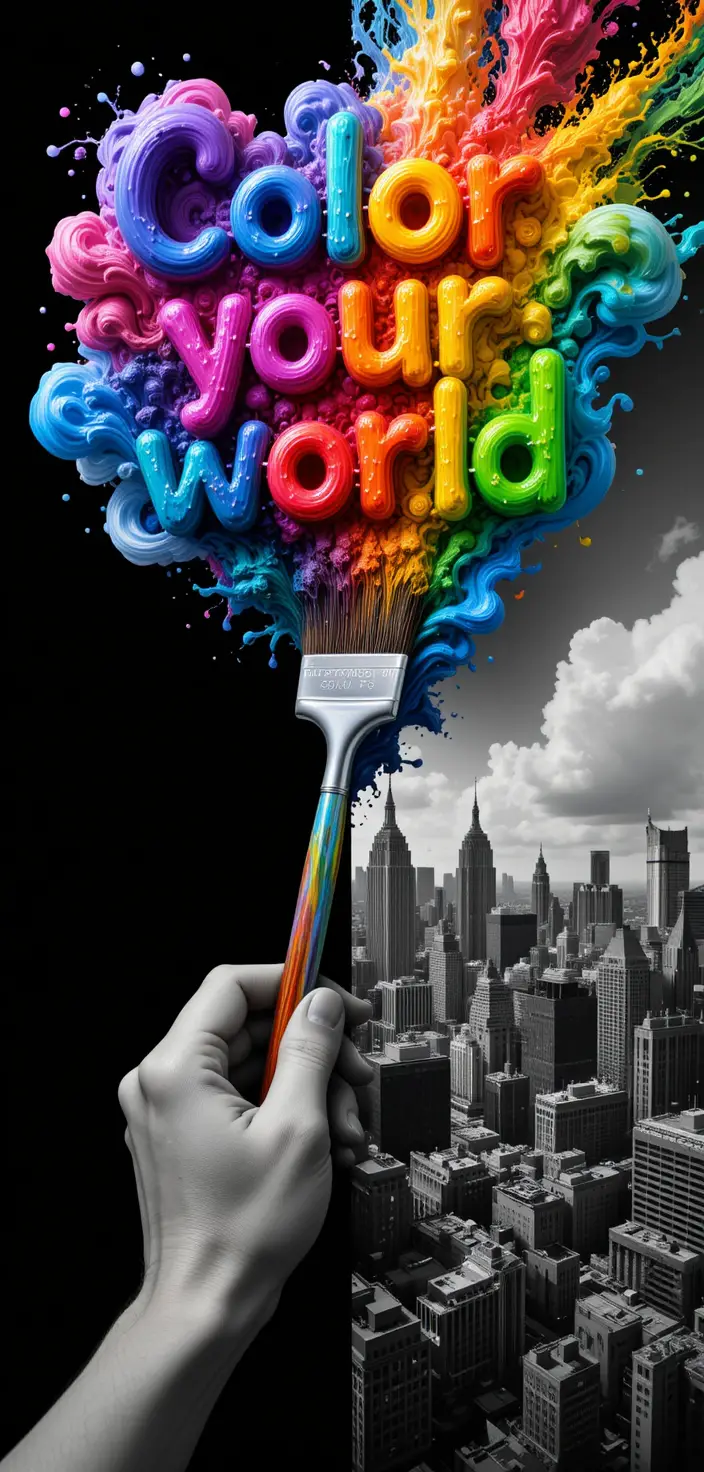 Main surréaliste peignant une affiche carte postale de paysage urbain arc-en-ciel