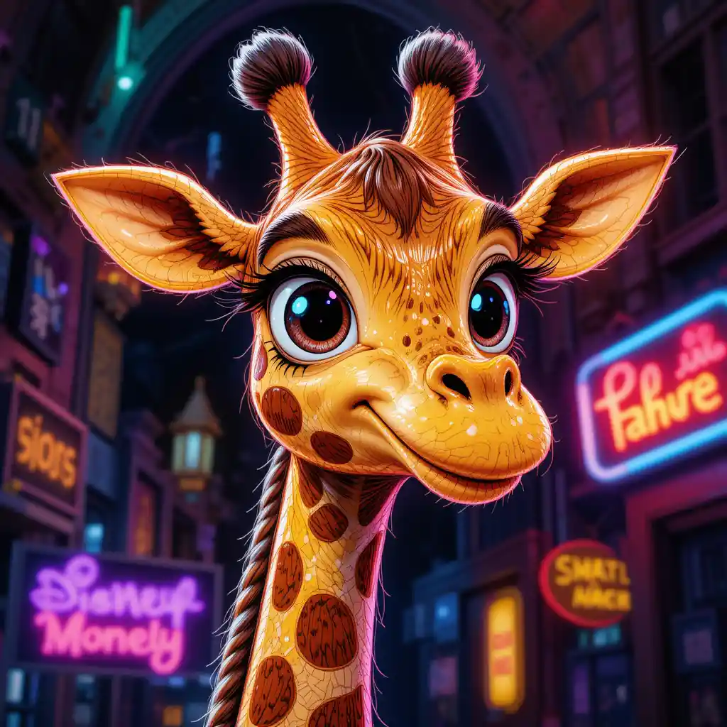 Dolce giraffa a cartone animato in primo piano con grandi occhi luminosi