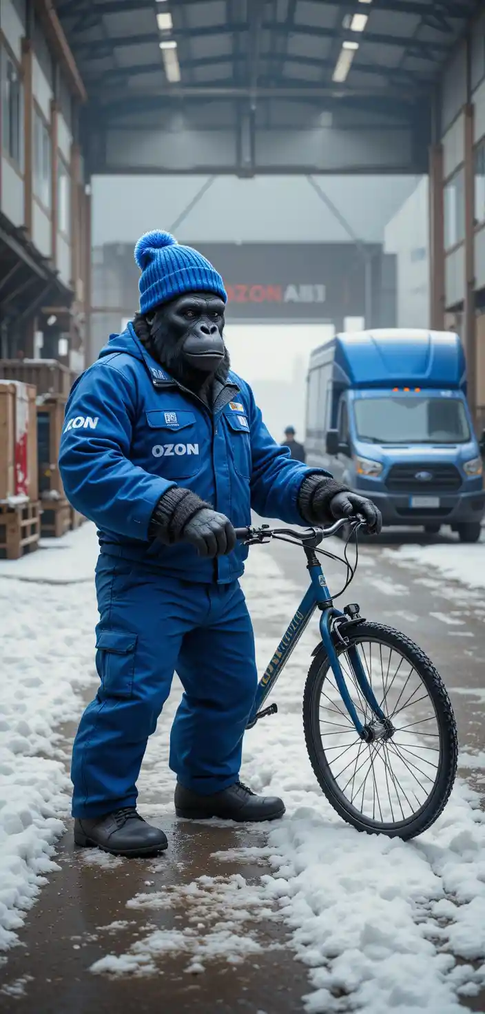 Selbstbewusster Winter-Gorilla-Arbeiter neben Lagerhausfahrrad