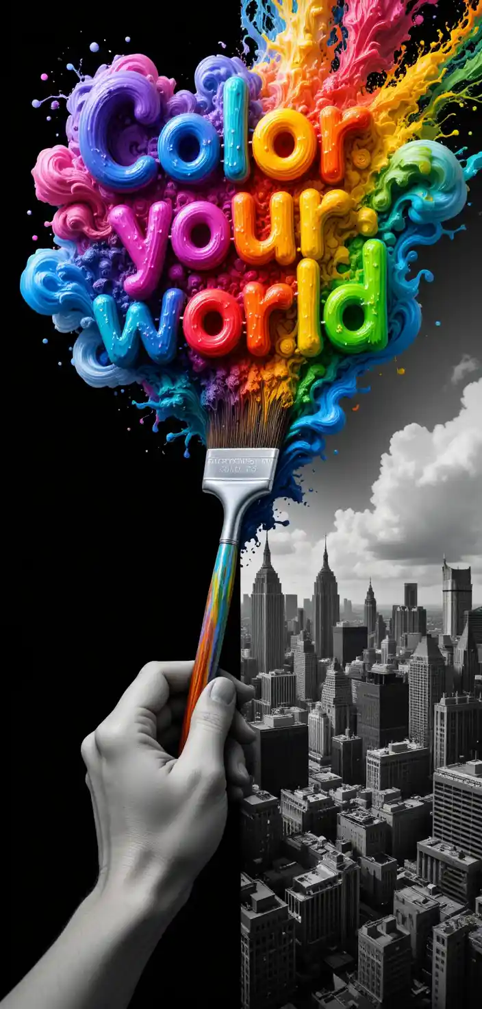 Mano surreale che dipinge poster cartolina di skyline arcobaleno