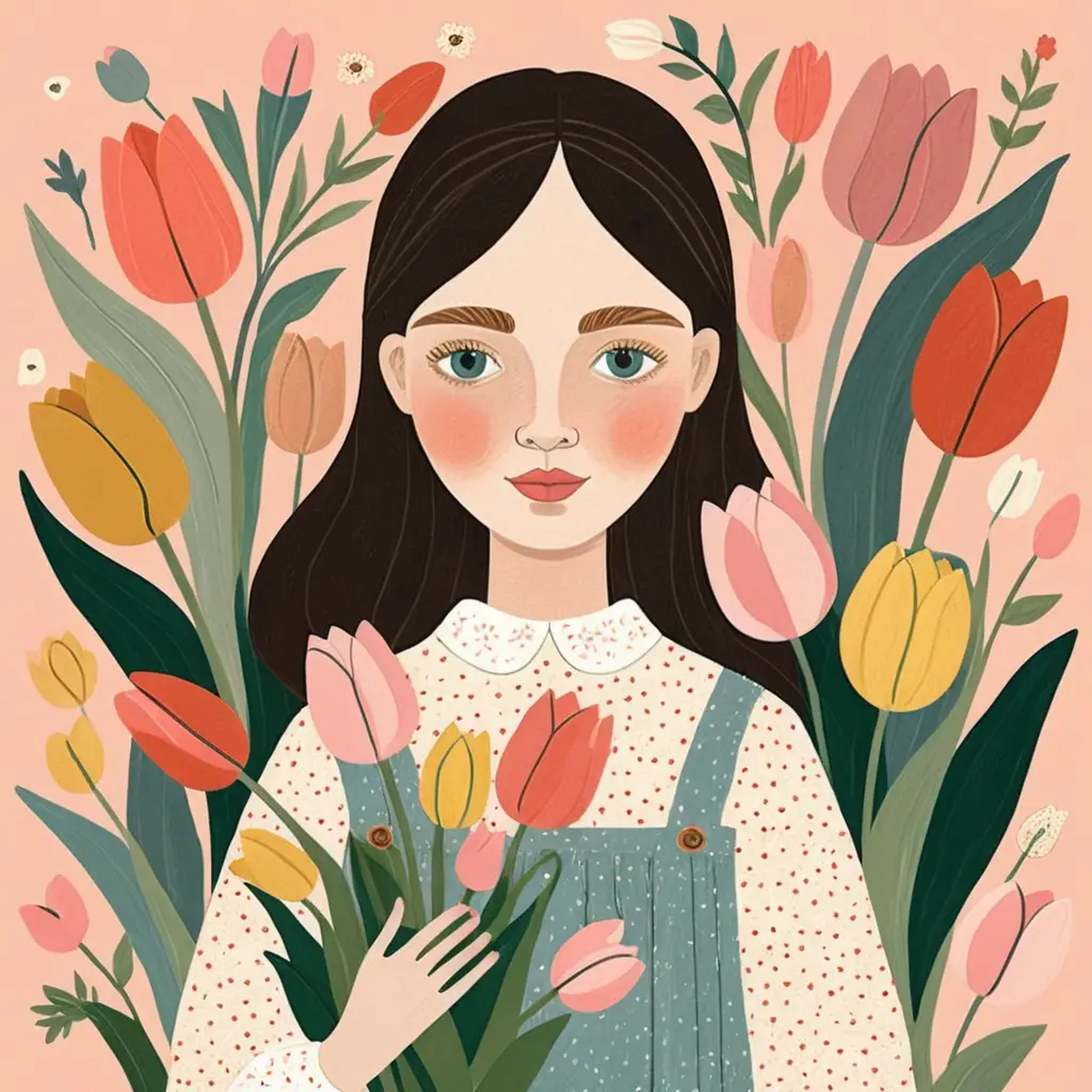 Süßes Mädchen mit Tulpenstrauß in naiver Collagekunst