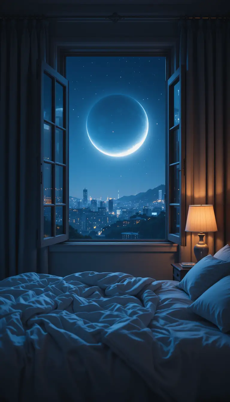 Chambre paisible de nuit avec lumière de lune en croissant