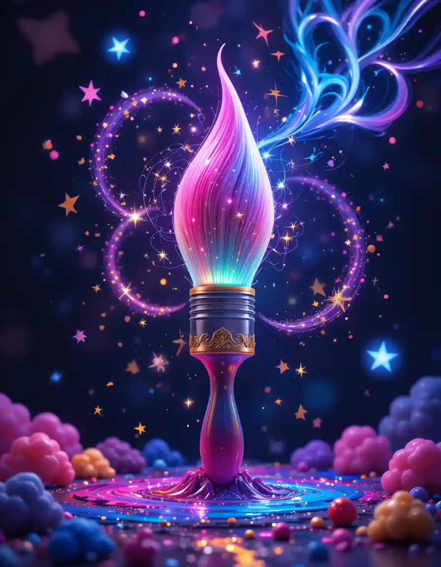 Pincel mágico fantasioso con remolino colorido y brillante