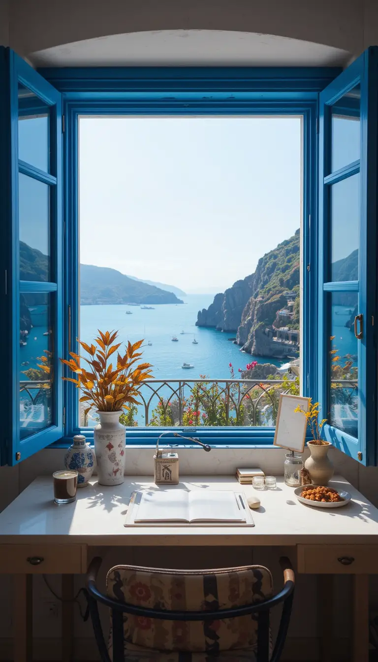 Gemütliches Boho-Homeoffice mit Meerblick-Fenster in Capri