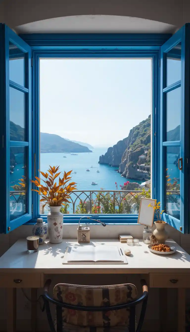 Acogedora oficina boho en casa con ventana y vistas al mar en Capri