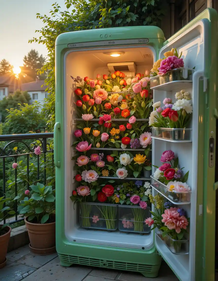Réfrigérateur vert débordant de fleurs colorées au coucher du soleil