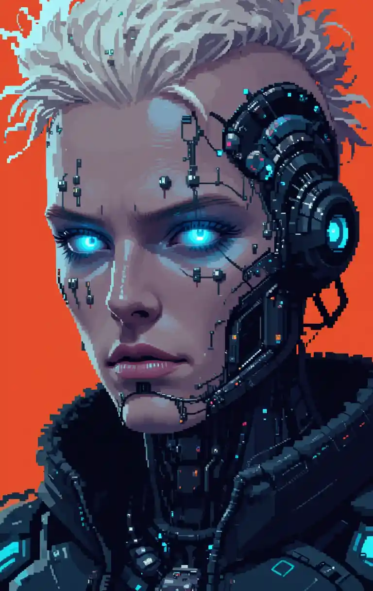 Ritratto in pixel art di un cyborg con occhi blu luminosi