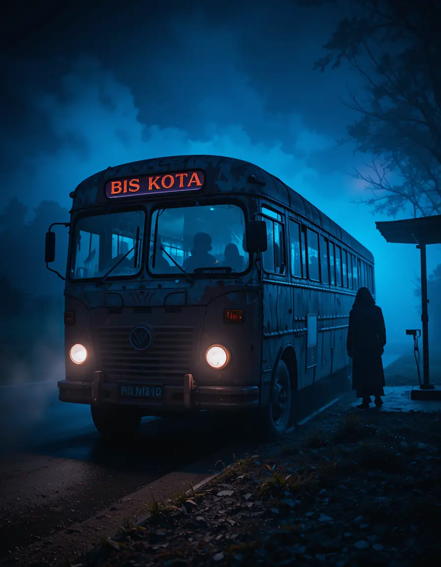 Bus indonésien hanté dans une rue brumeuse à minuit